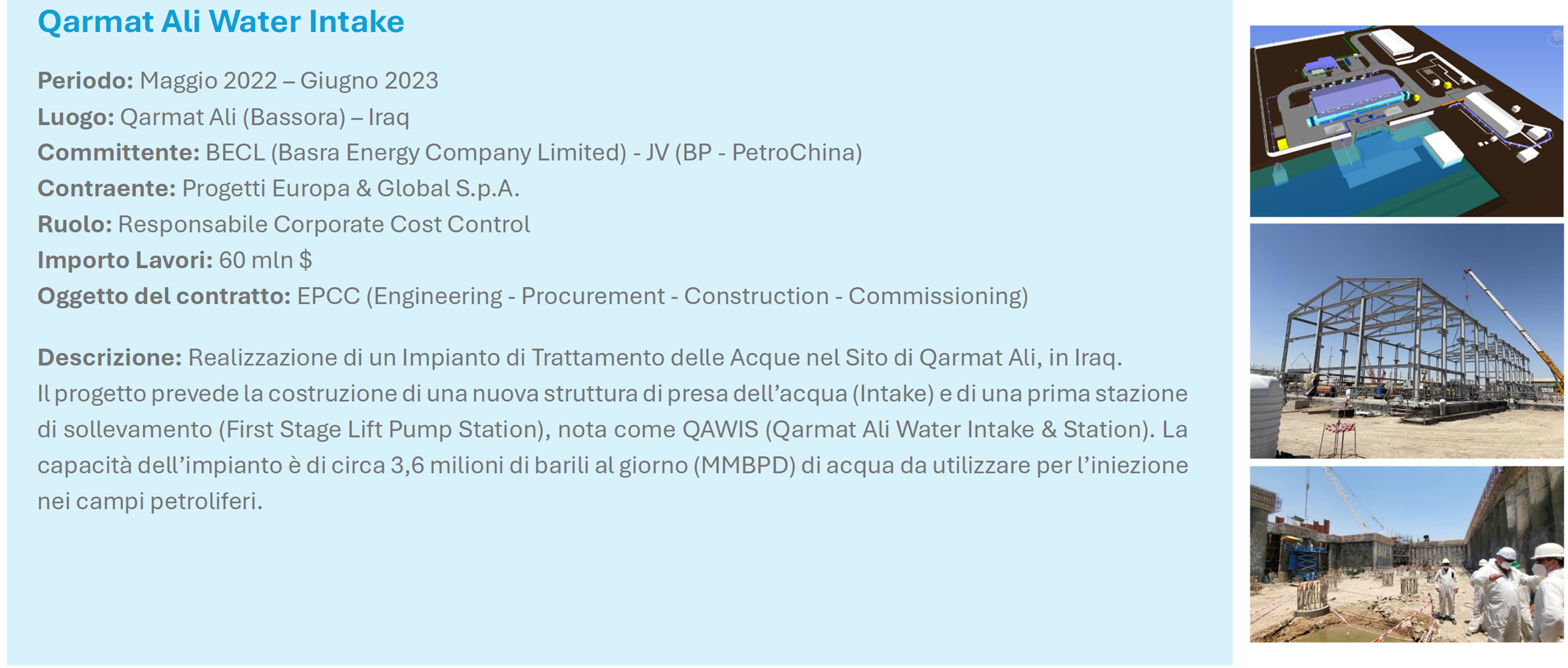 PEG Progetti Europa & Global BECL Basra Energy Company Limited BP PetroChina QAWI Qarmat Ali Water Intake Iraq Bassora