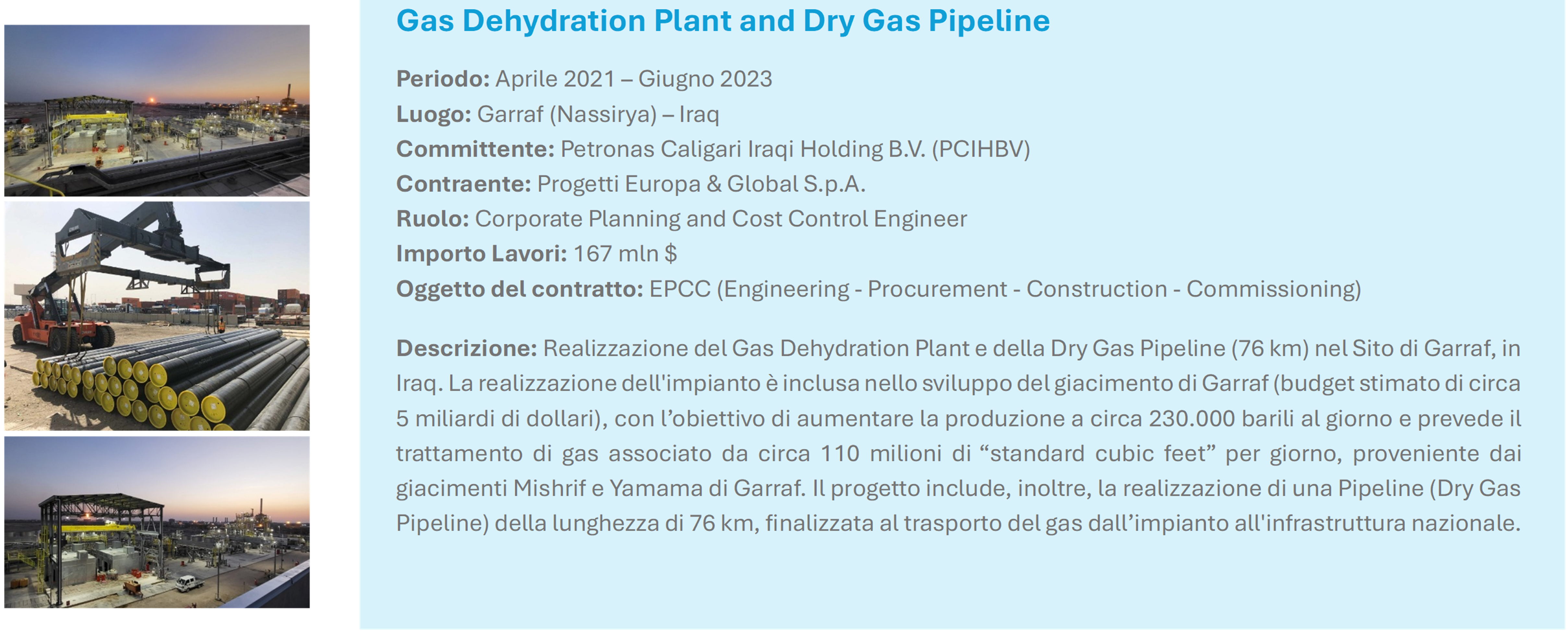 PEG Progetti Europa & Global Petronas Gas Deyydration Plant Dry Gas Pipeline Iraq Nassirya