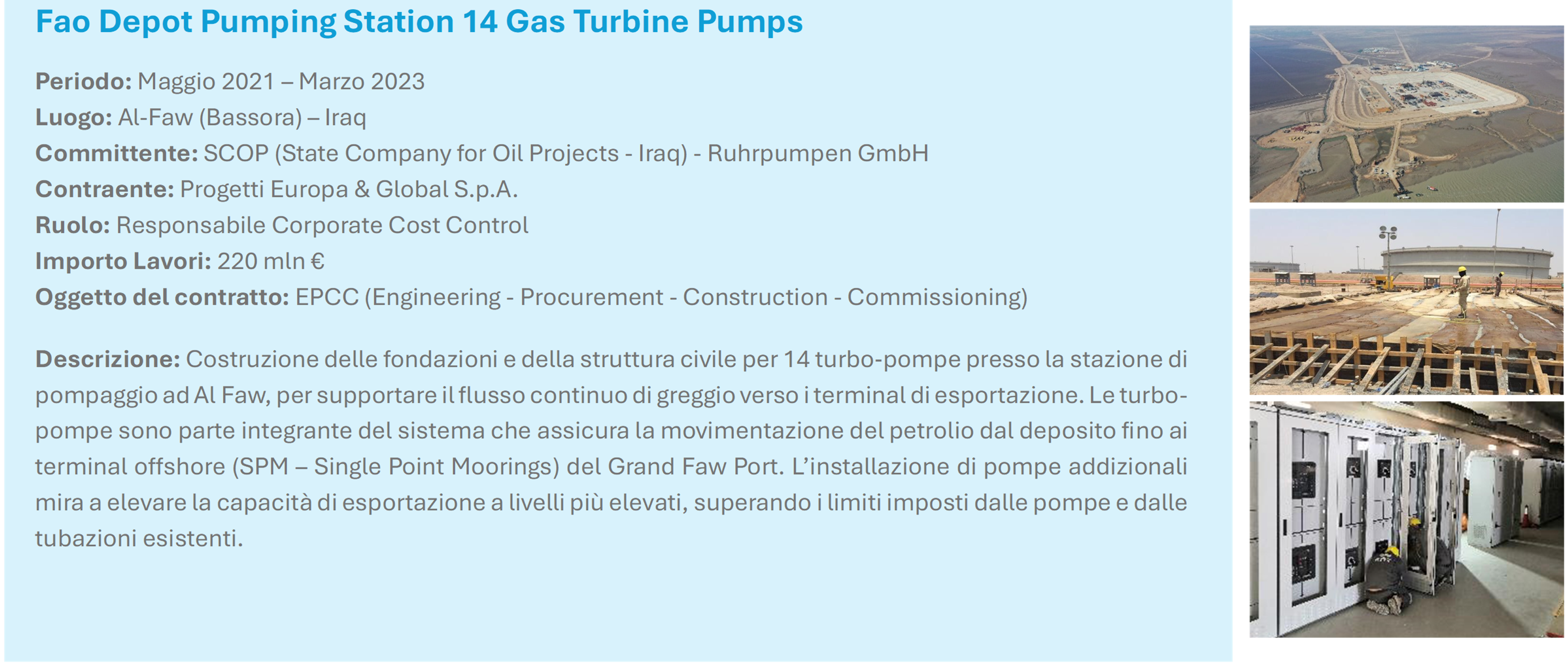 PEG Progetti Europa & Global SCOP Al Faw Depot 14 Pumps Iraq Bassora